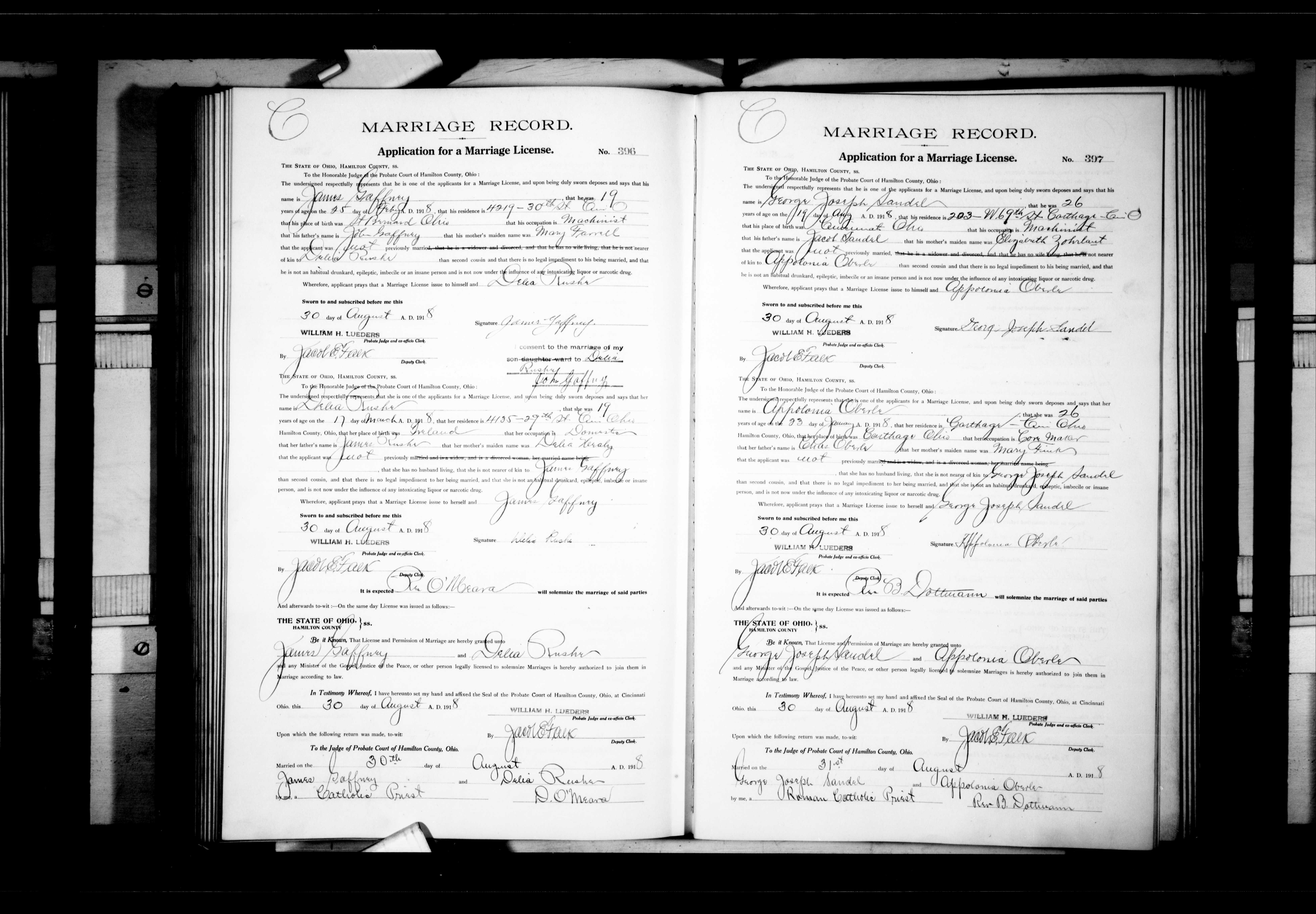 James Gaffney and Delia Rushe Marriage Record, 1918
