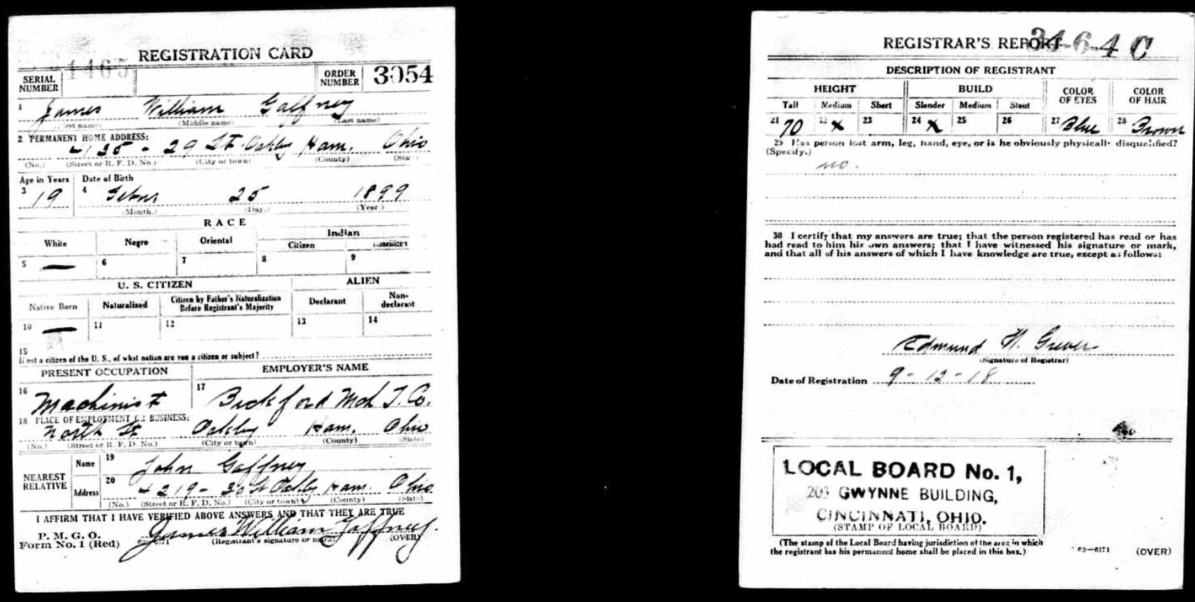 James William Gaffney WWI Draft Card