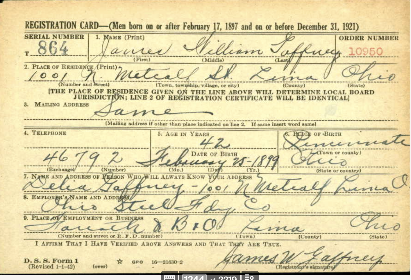 James William Gaffney WWII Draft Card