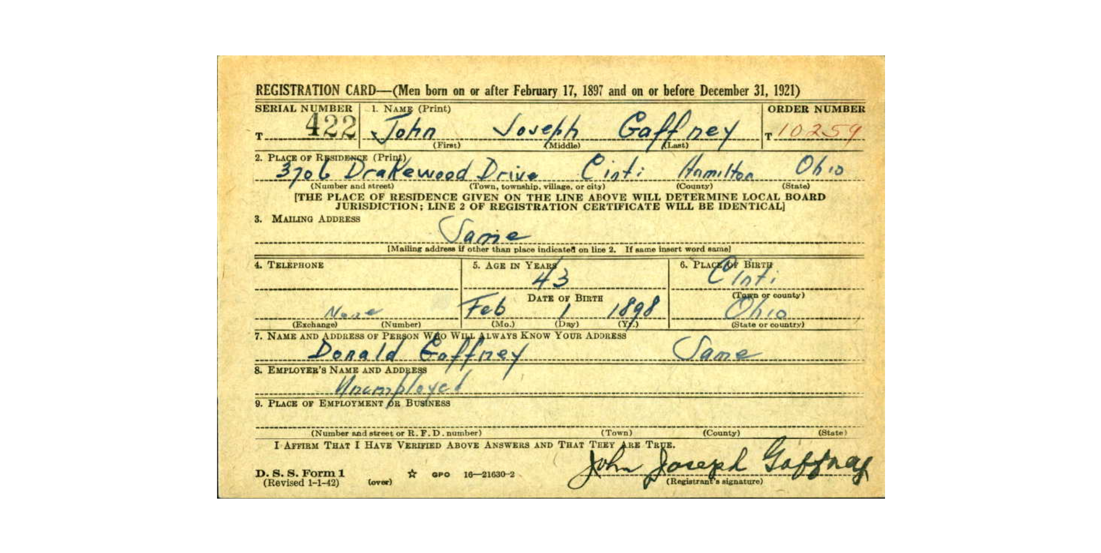 John Joseph Gaffney Jr. WWII Draft Card, 1942