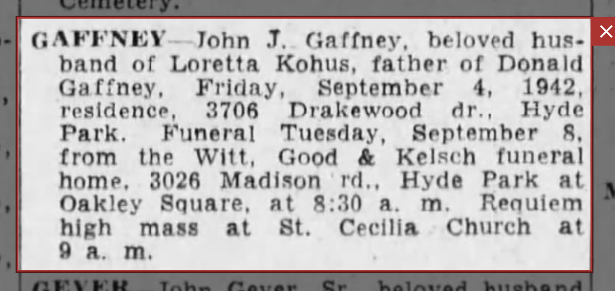 John Joseph Gaffney Jr. Obituary, Cincinnati, 1942