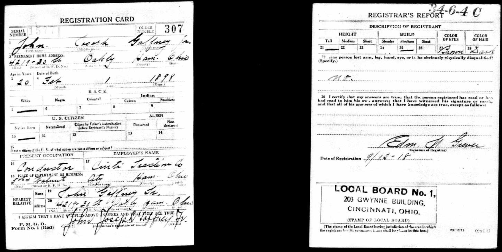 John Joseph Gaffney Jr. WWI Draft Card