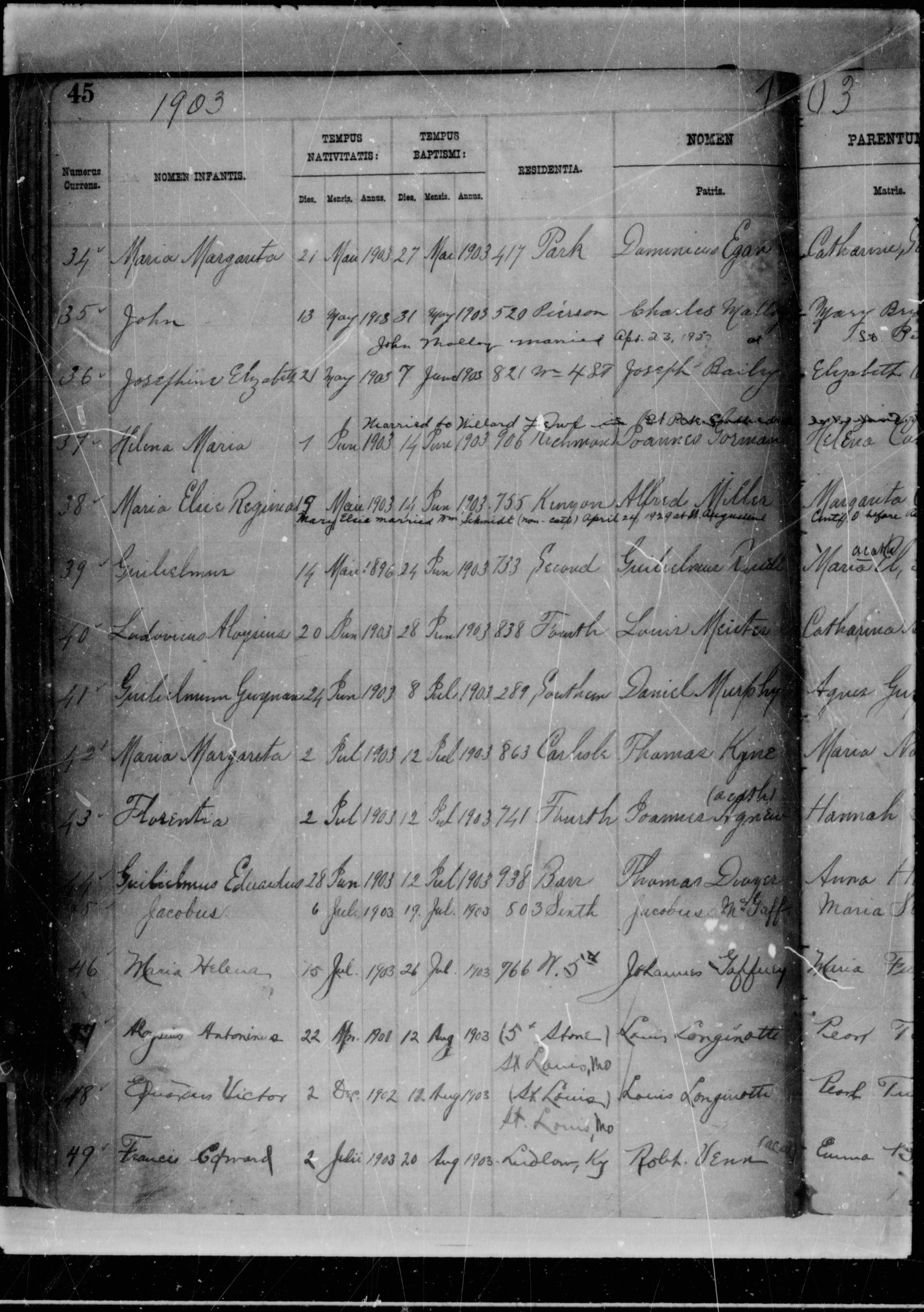 Mary Helen Gaffney Birth and Baptism Record, 1903