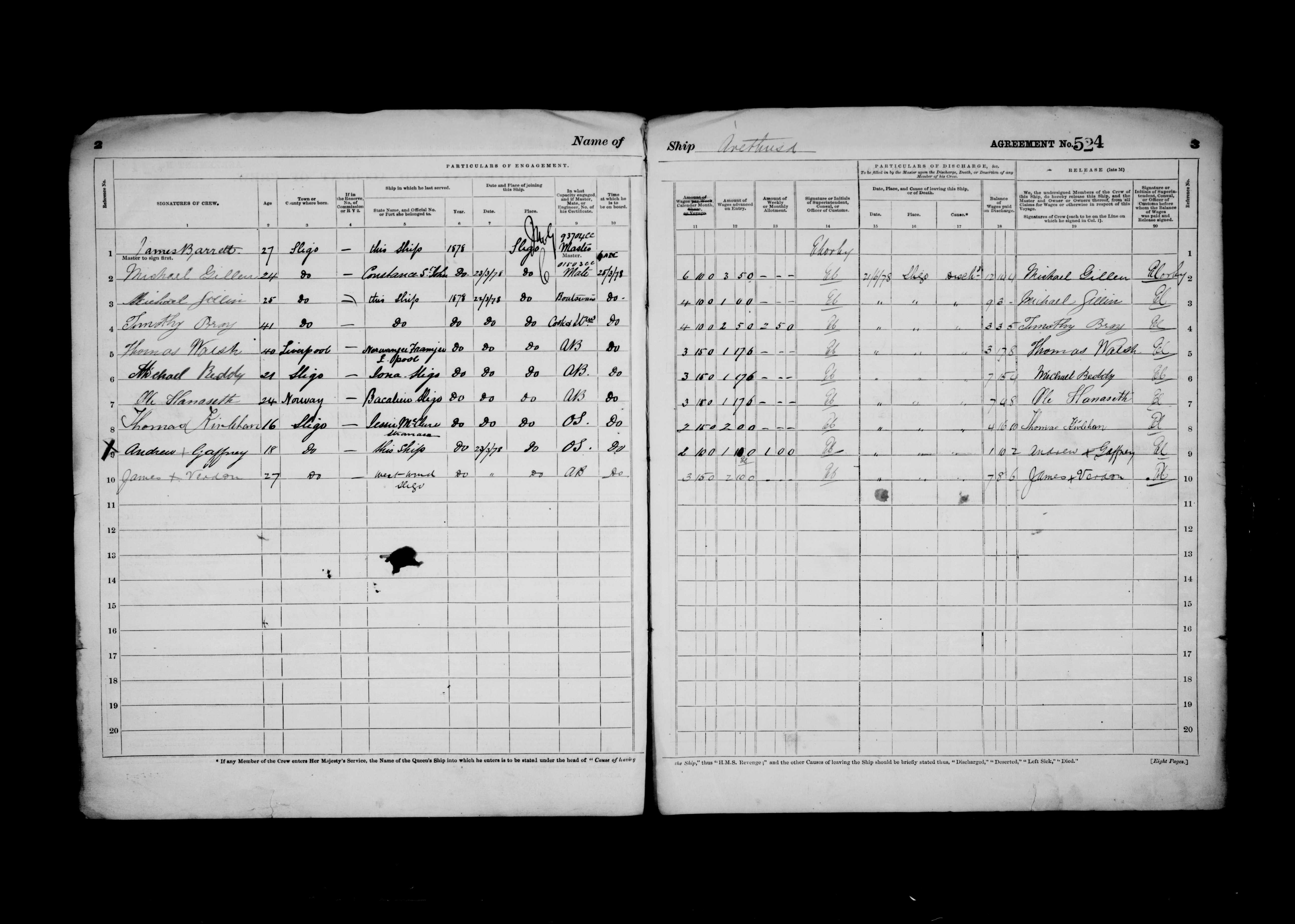 Andrew Gaffney Jr.'s merchant navy crew record, 1878, vessel Arethusa