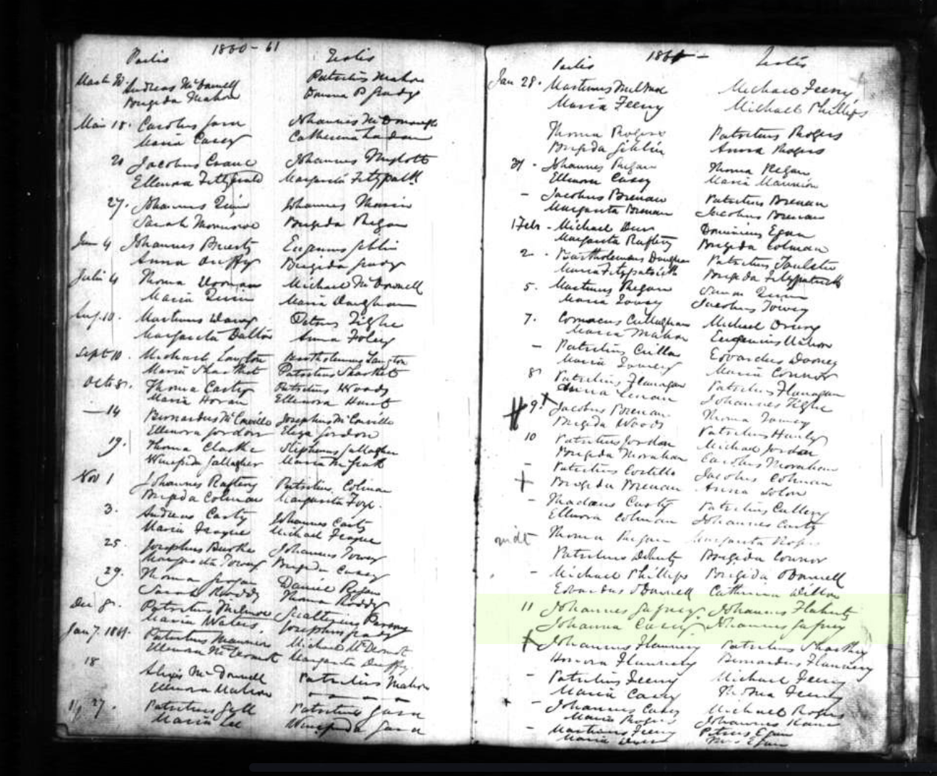 Parish register showing John Gaffney & Jane Casey marriage, 11 Feb 1861