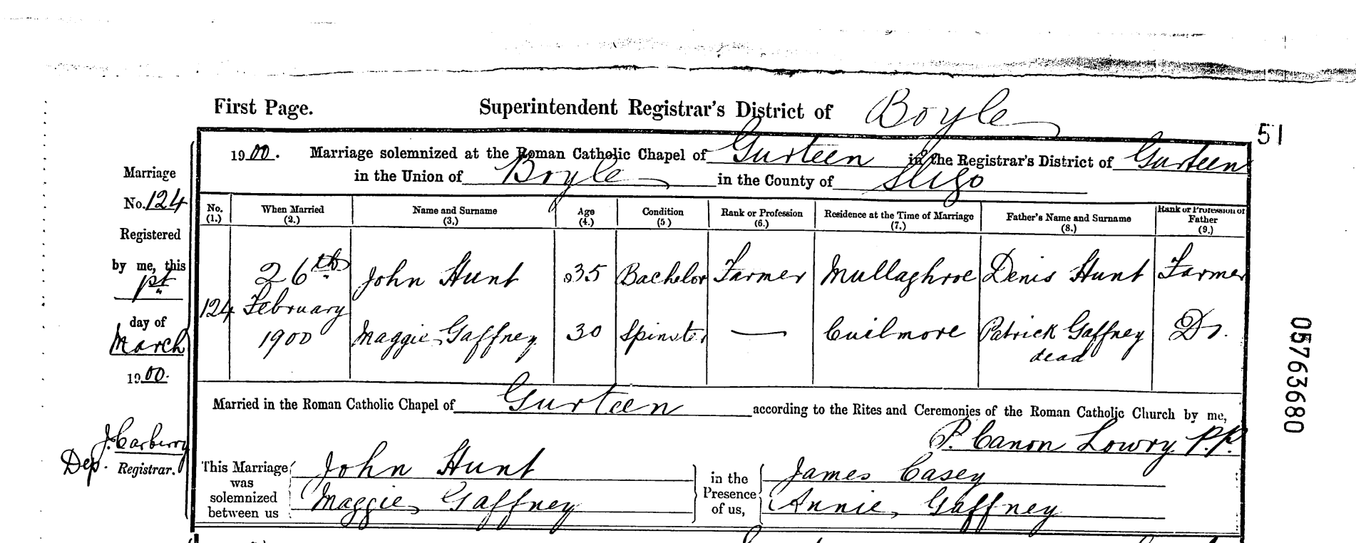 Marriage record — John Hunt & Maggie Gaffney, 26 February 1900, Roman Catholic Chapel of Gurteen