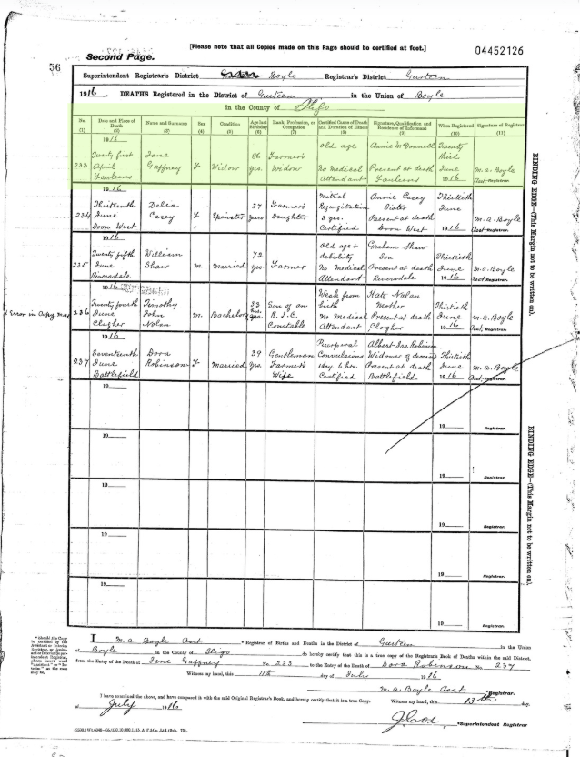 Death record for Jane Gaffney née Casey, 1916