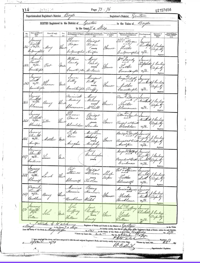 Civil birth record for John Gaffney, 1874