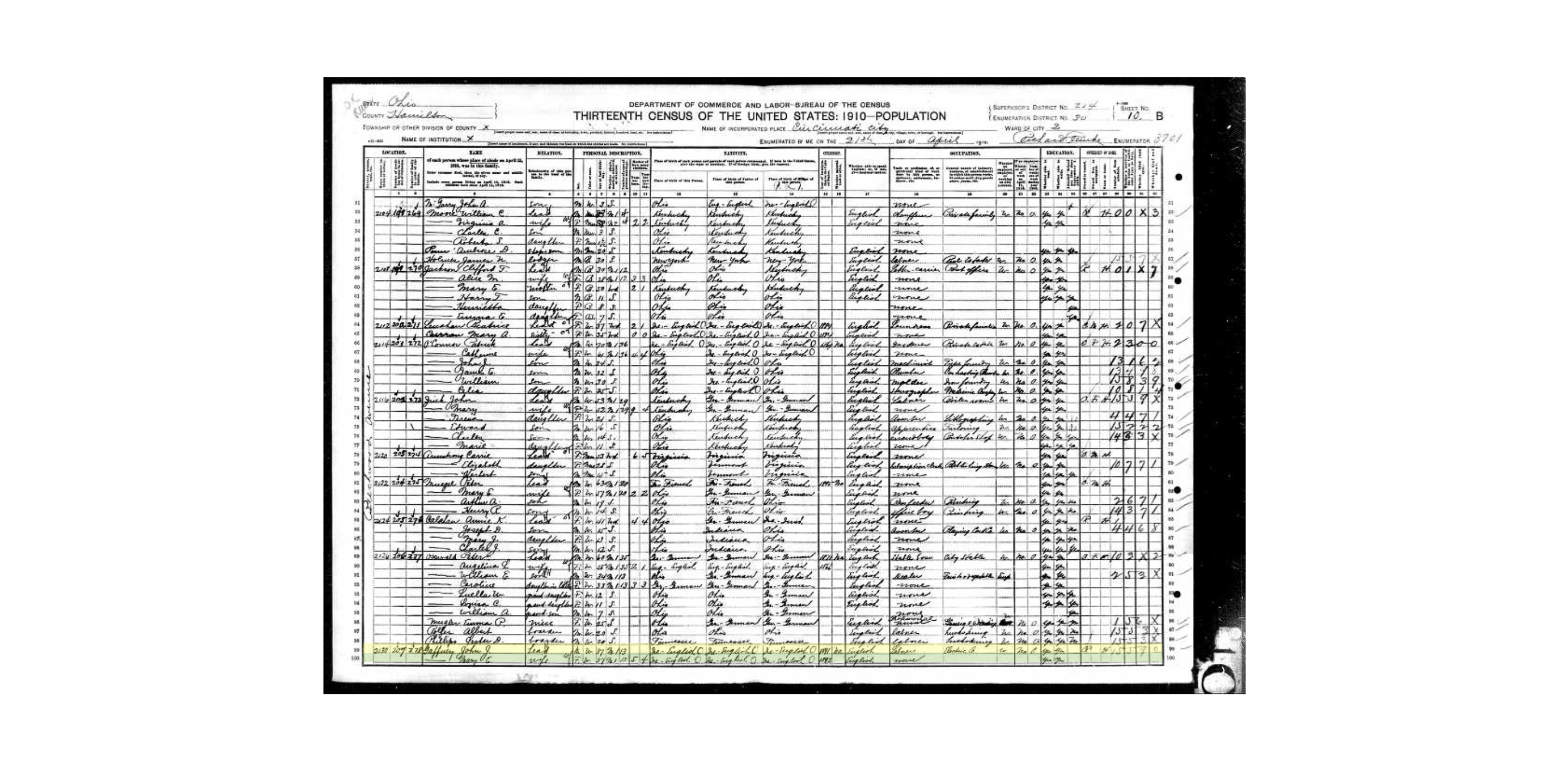 1910 US Census showing John Gaffney in Cincinnati