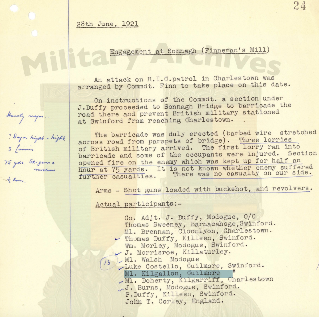 M. Kilgallon Cuilmore IRA record