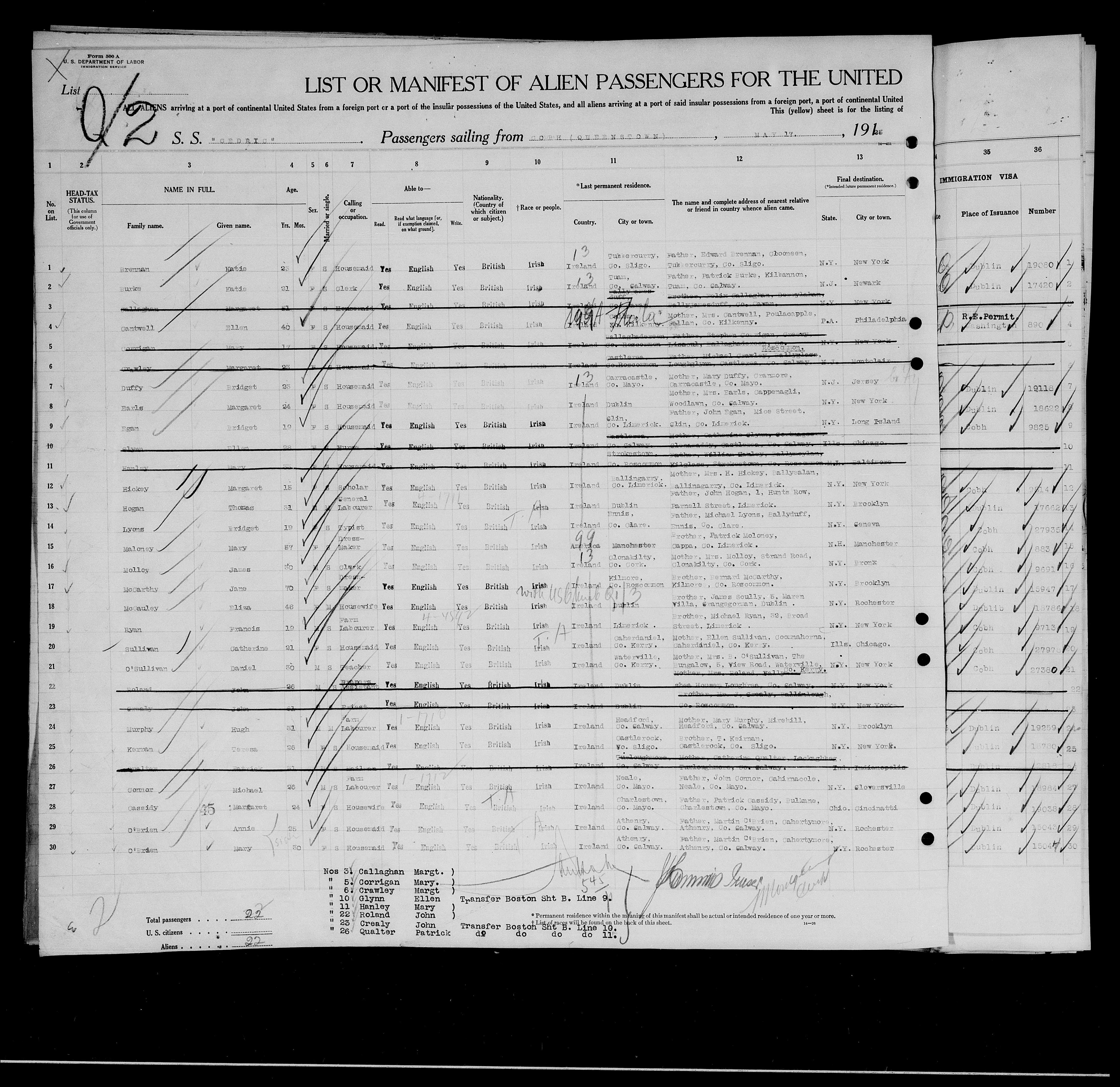 SS Cedric passenger manifest showing Margaret Cassidy's arrival record