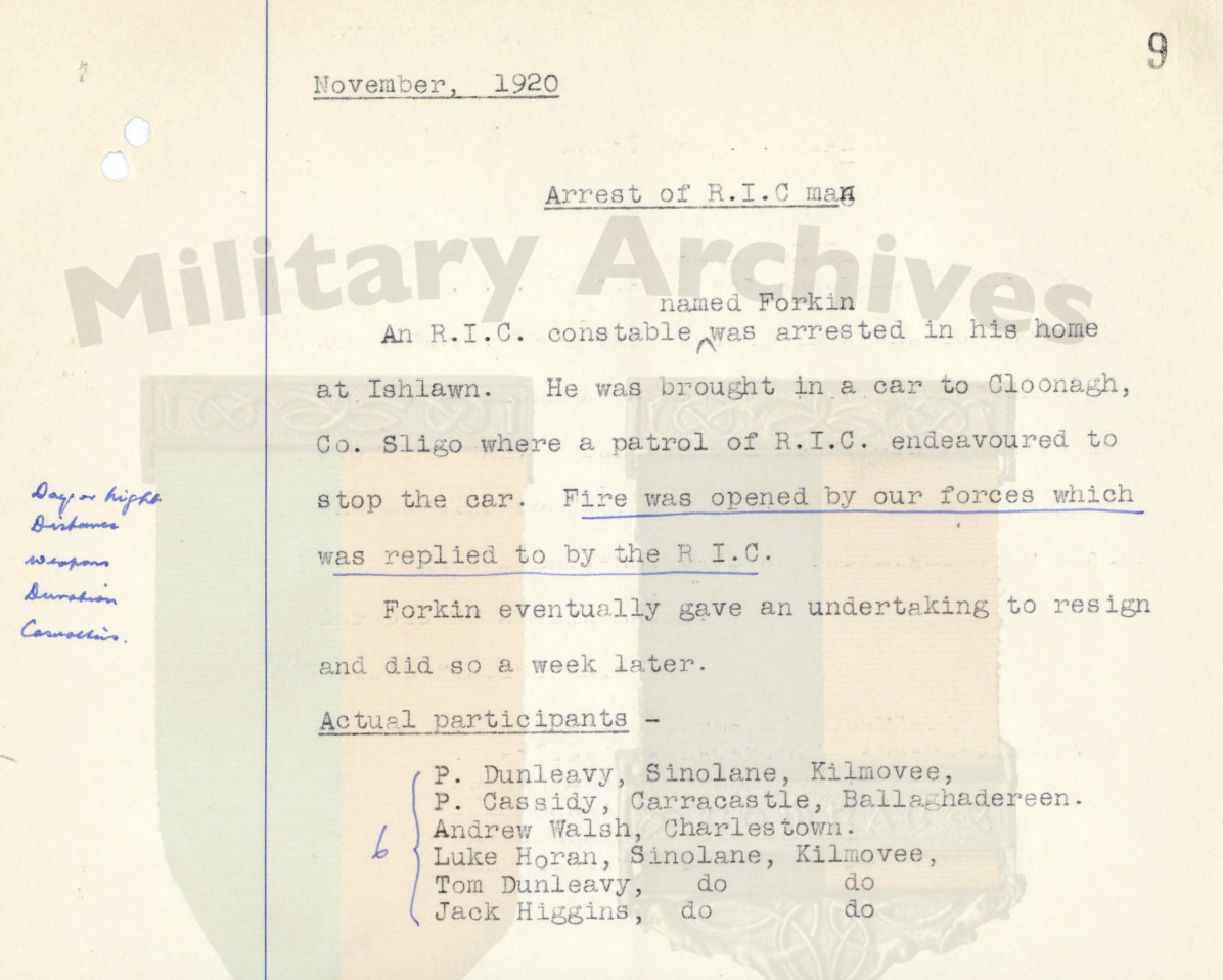 P. Cassidy IRA military record