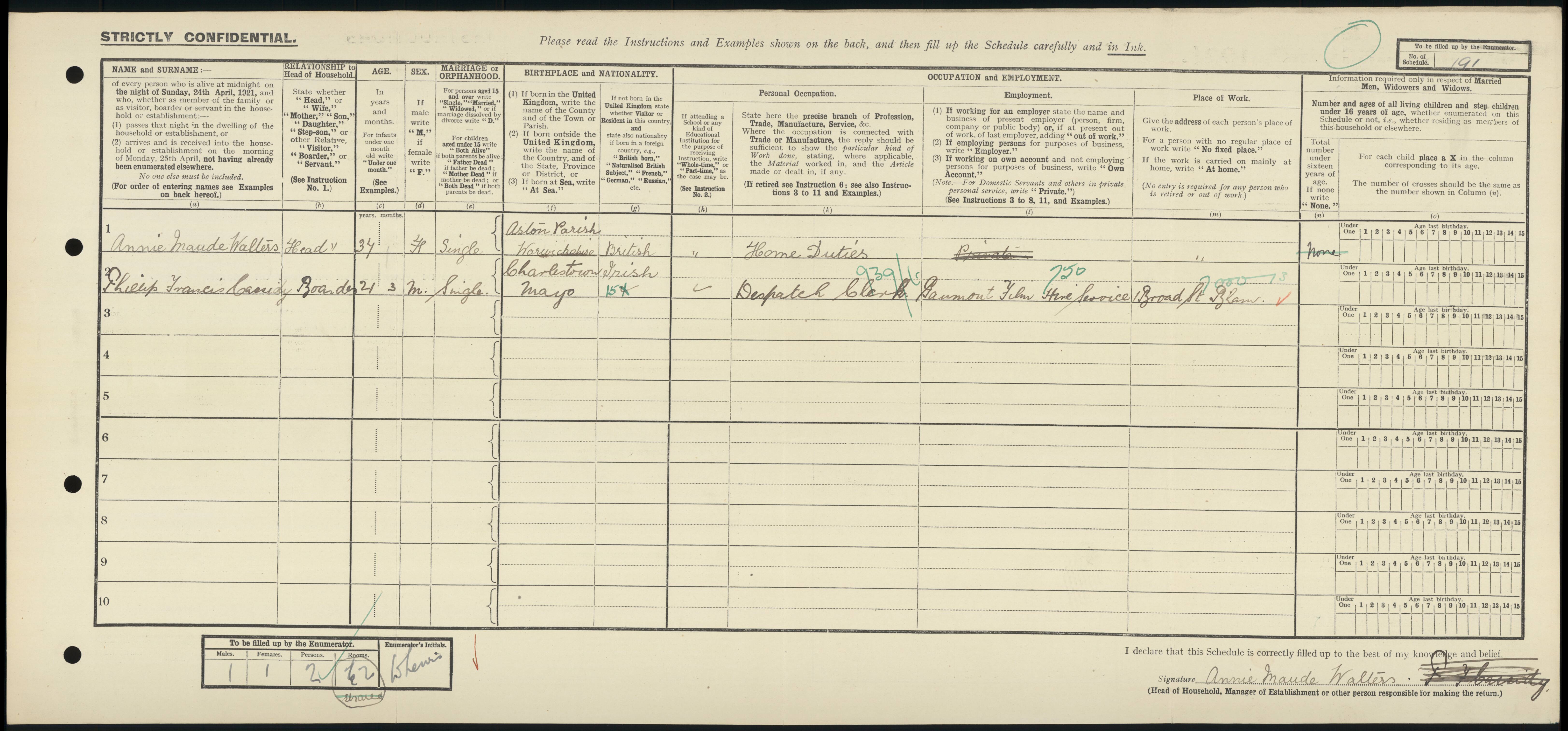 1921 England Census — Philip Cassidy, Birmingham