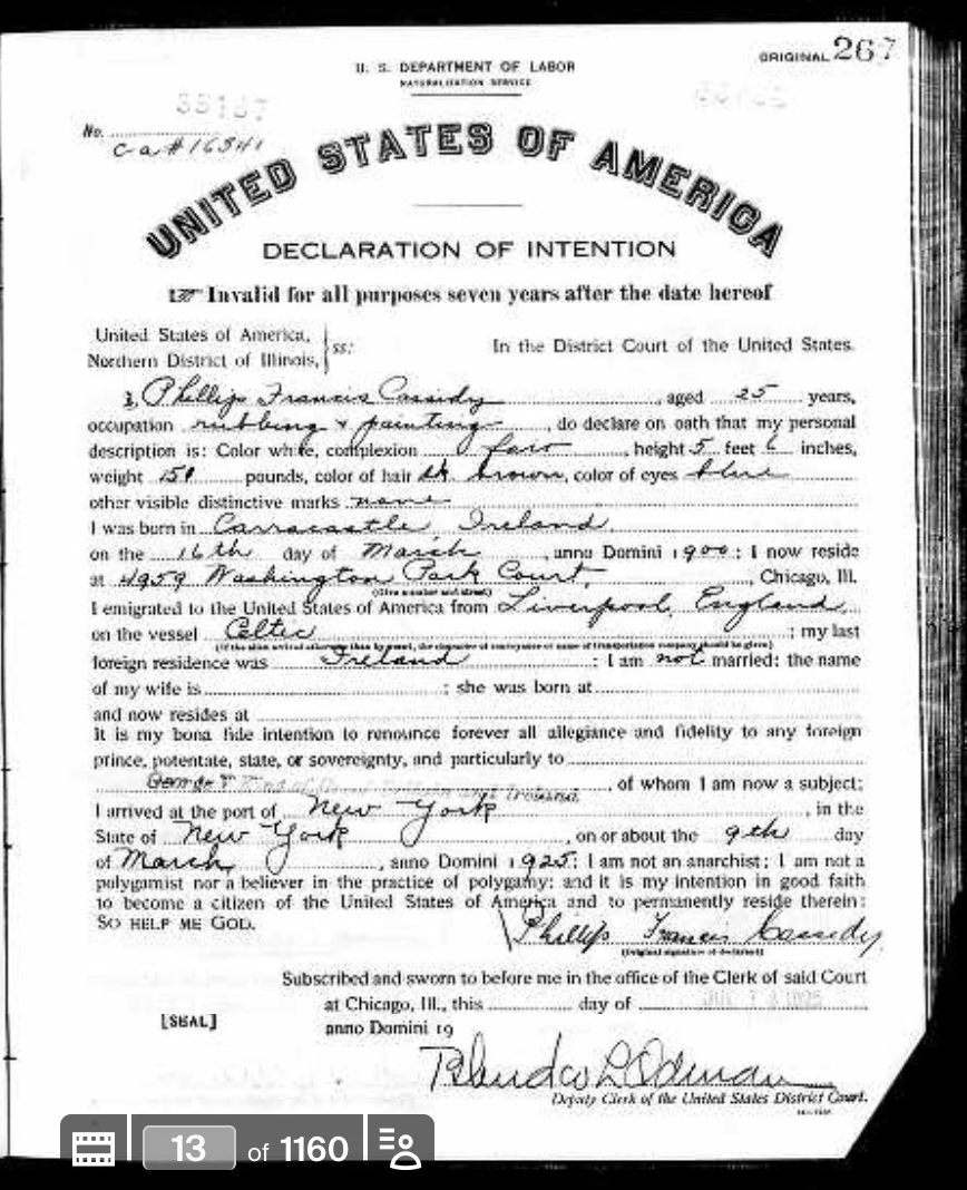 Naturalization Record — Philip Francis Cassidy, Toledo, Ohio, 1935