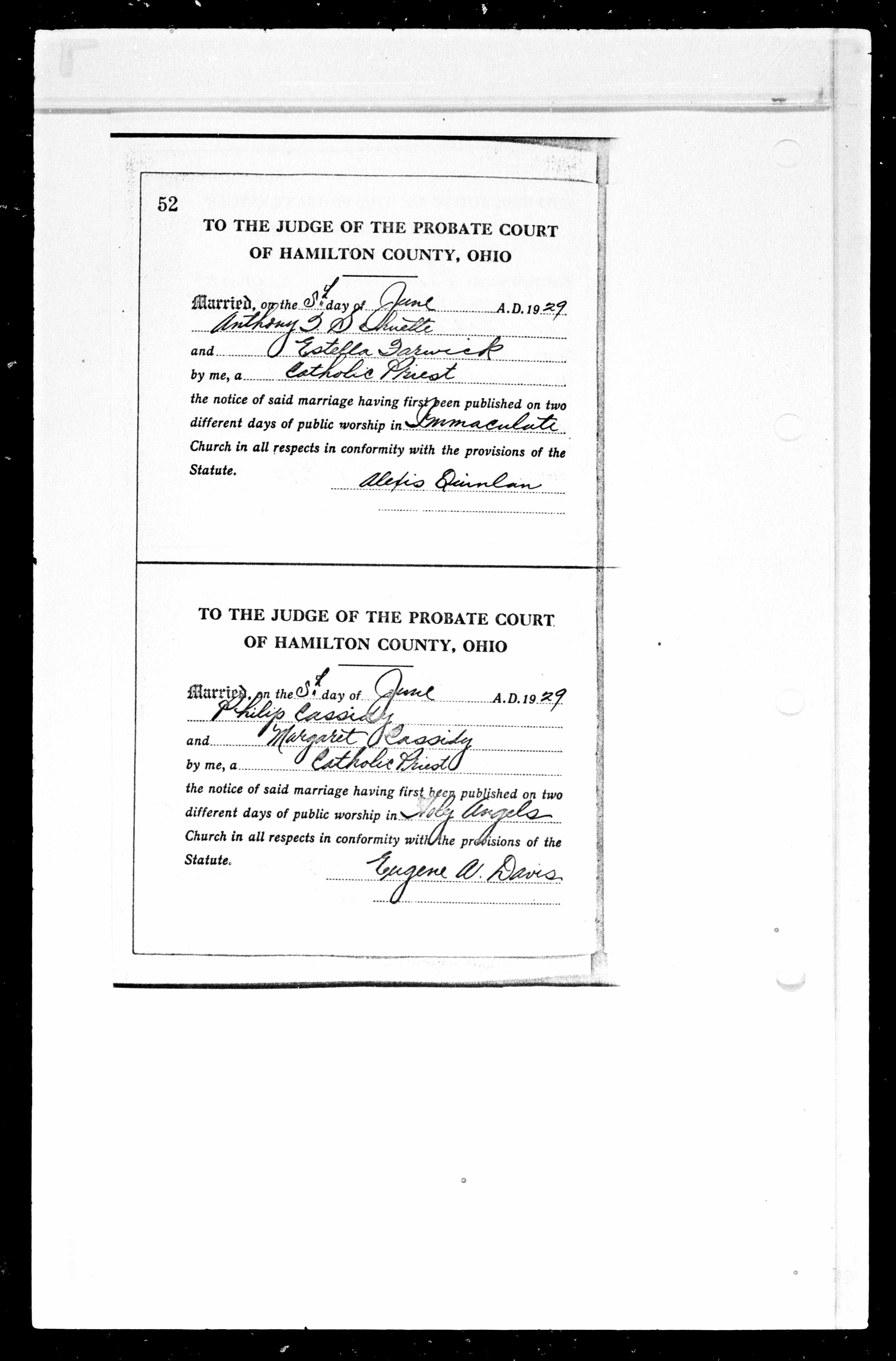 Philip and Peggy Cassidy marriage record, 1929