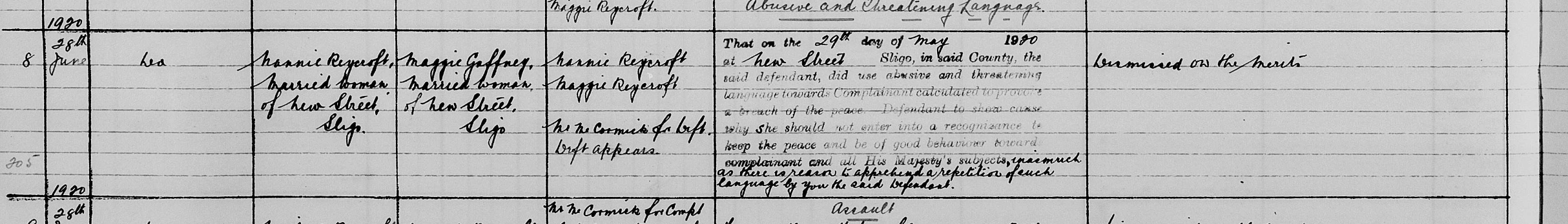 Petty Sessions Court Record — Maggie Hunt vs Reycroft