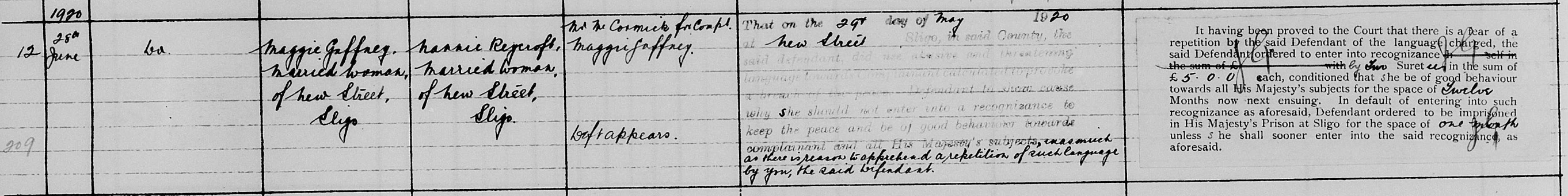 Petty Sessions Court Record — Maggie Hunt vs Reycroft, continued