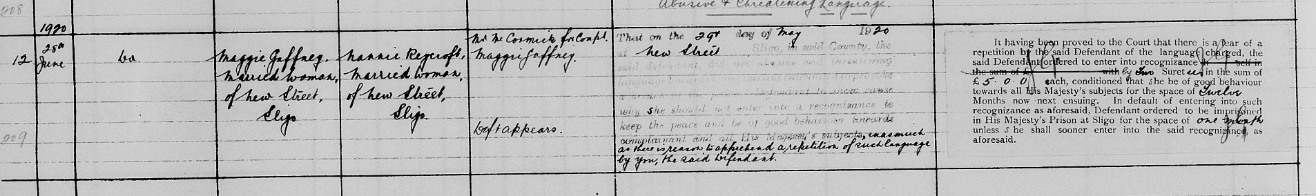 Petty Sessions Court Record — Maggie Hunt vs Reycroft, additional filing