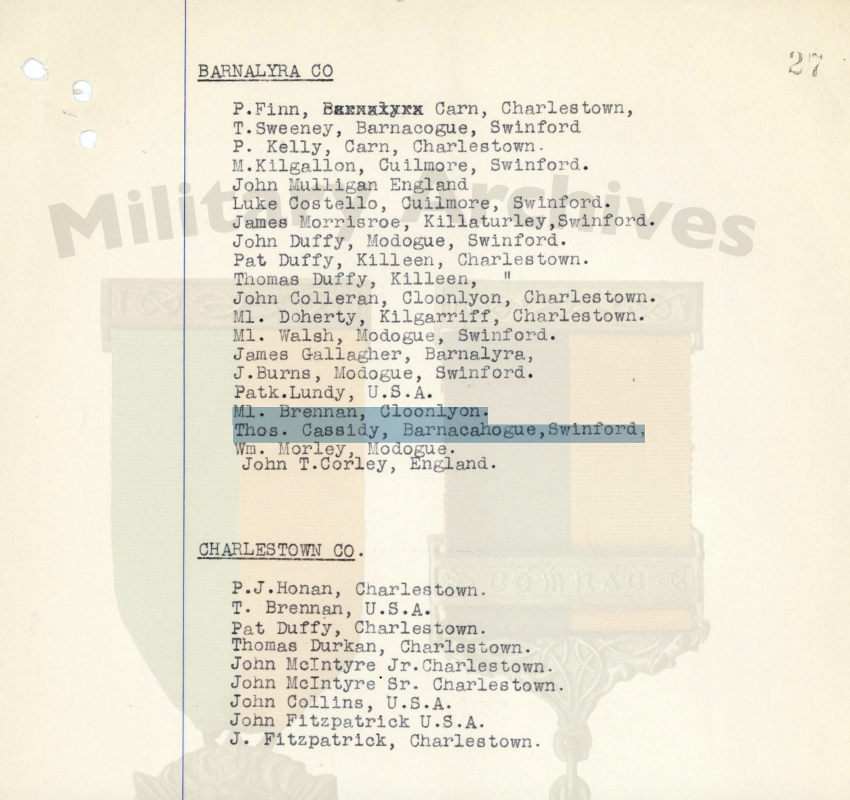 Thomas Cassidy IRA service record